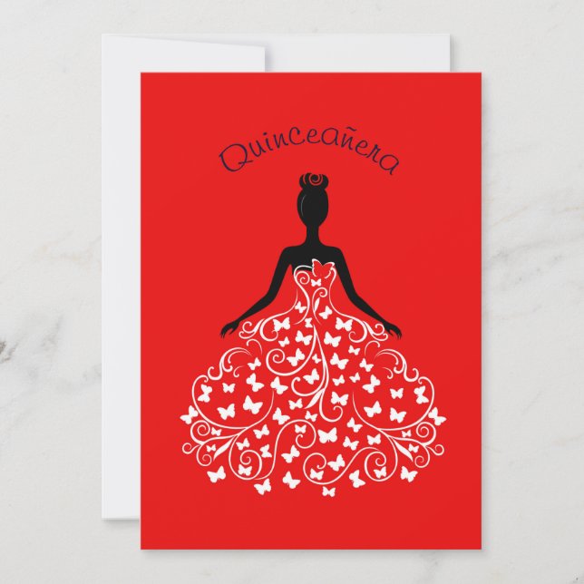 Röd fjärilskaninbjudan till Quinceanera Boll Inbjudningar (Framsida)