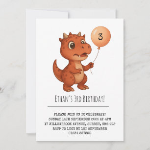 Röd fläckig dinosaurie med födelsedagsballong i pe inbjudningar