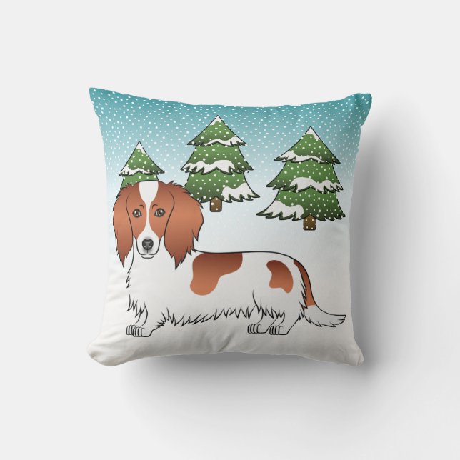 Röd fläckig långhårig Dachshund Hund - Vinter skog Kudde (Framsida)