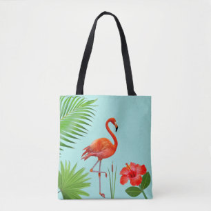 Röd Flamingo, Hibiscus & Tropiska Palmbladstaska Tygkasse