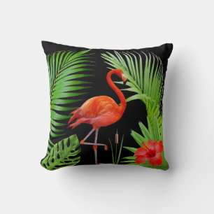 Röd Flamingo, Hibiskus & Palmblad på Svart Kudde