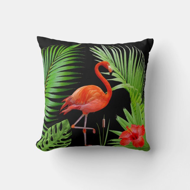 Röd Flamingo, Hibiskus & Palmblad på Svart Kudde (Framsida)