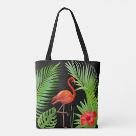 Röd Flamingo, Hibiskus & Palmblad på Svart Tygkasse