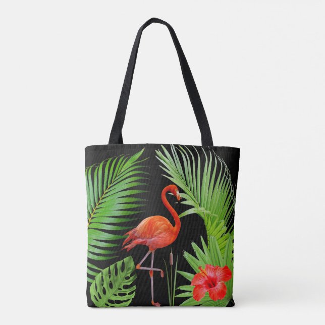 Röd flamingo, hibiskus & palmlöv på svart tygkasse (Baksida)