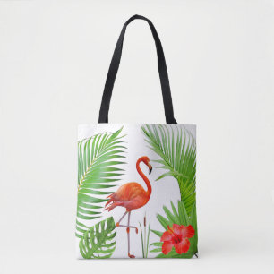 Röd Flamingo, Hibiskus & Tropiska Palmblad Tygkasse