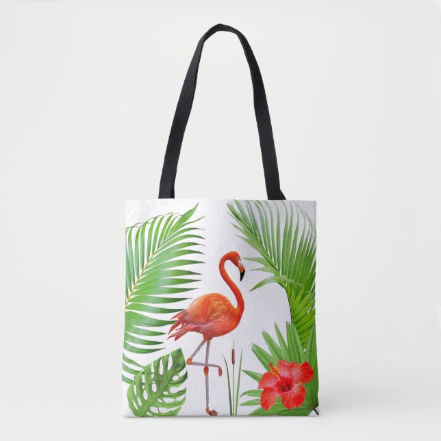 Röd Flamingo, Hibiskus & Tropiska Palmblad Tygkasse (Framsida)