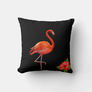 Röd flamingo och hibiskus på svart kastkudde kudde