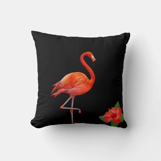 Röd flamingo och hibiskus på svart kastkudde kudde (Framsida)