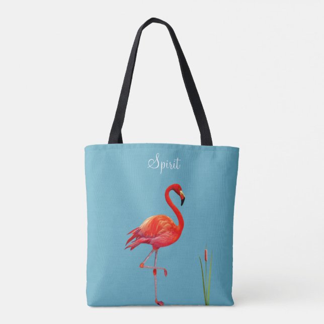Röd flamingo på ljust blå tygkasse (Baksida)