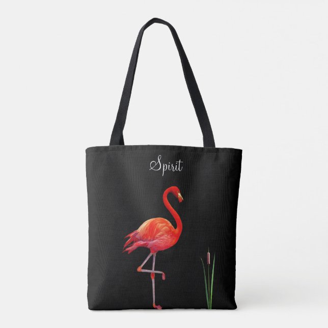 Röd flamingo på svart toteväska tygkasse (Baksida)