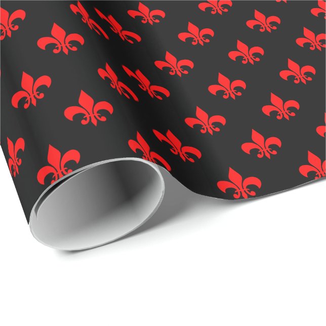 Röd Fleur-de-lis på svart Presentpapper (Rullad Hörn)