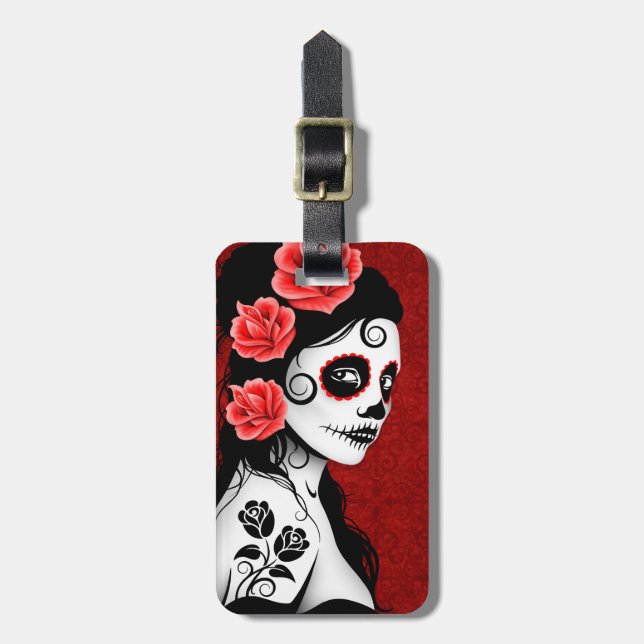Röd flicka för day of the deadsockerskalle - bagagebricka (Vertikal Framsida)