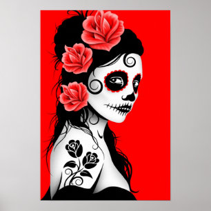 Röd flicka för day of the deadsockerskalle poster