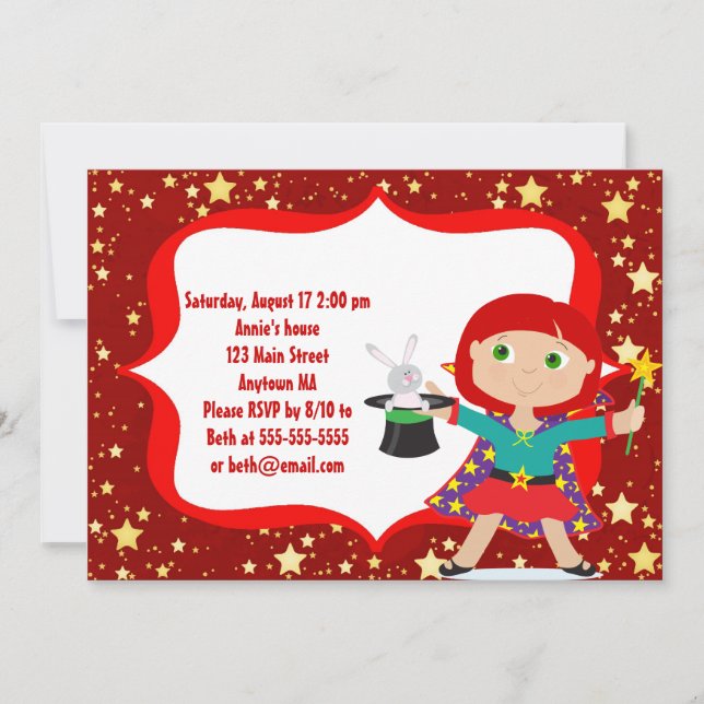 Röd flicka Magician Födelsedagsfest inbjudan (Framsida)