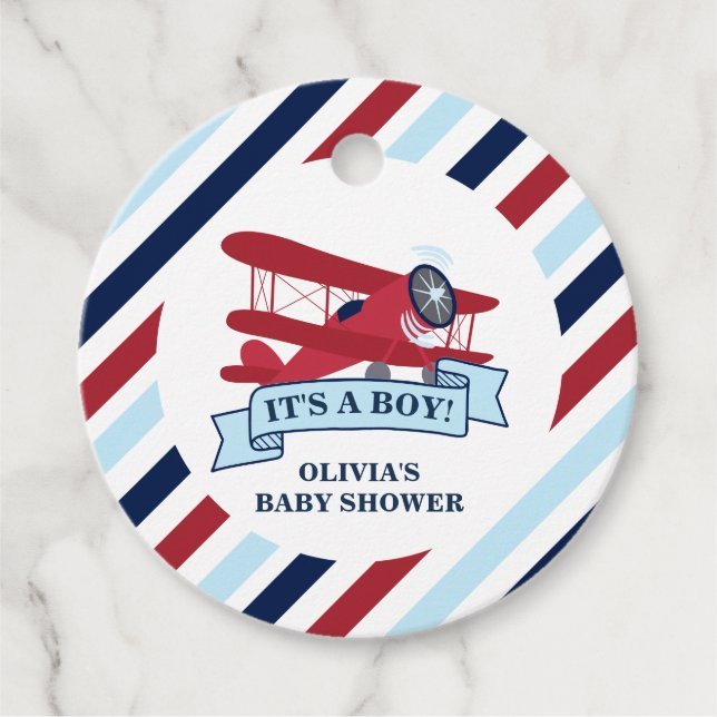 Röd flygplansbabyfest gåvor etiketter (Framsida)