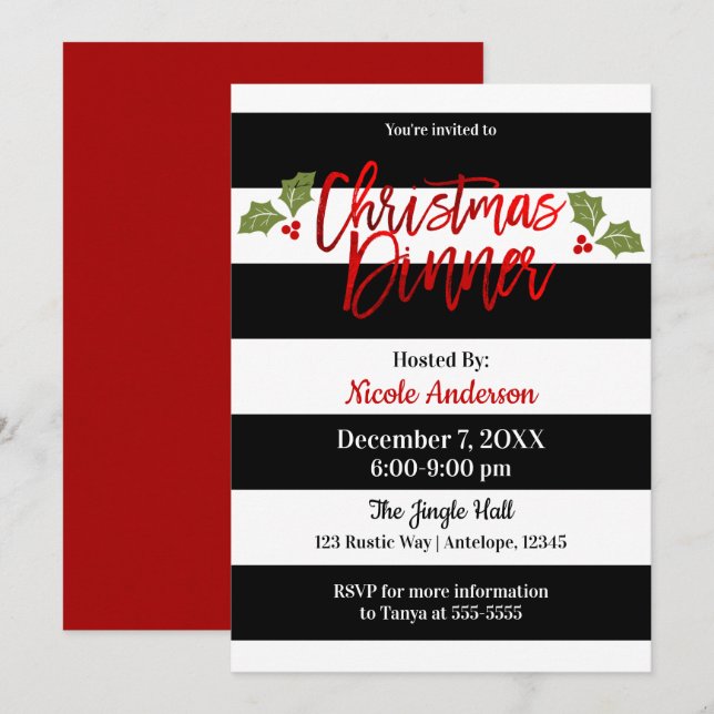 Röd folie glans chic modern script jul middag inbjudningar (Fram/baksida)