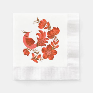 Röd folkkonst fågel & blommor  pappersservett