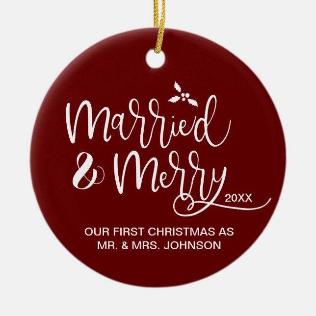 Röd första jul Gift och Merry Photo Julgransprydnad Keramik (Framsidan)