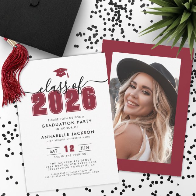Röd Foto Examenfest Inbjudningar (Red Photo Graduation Party Invitation)