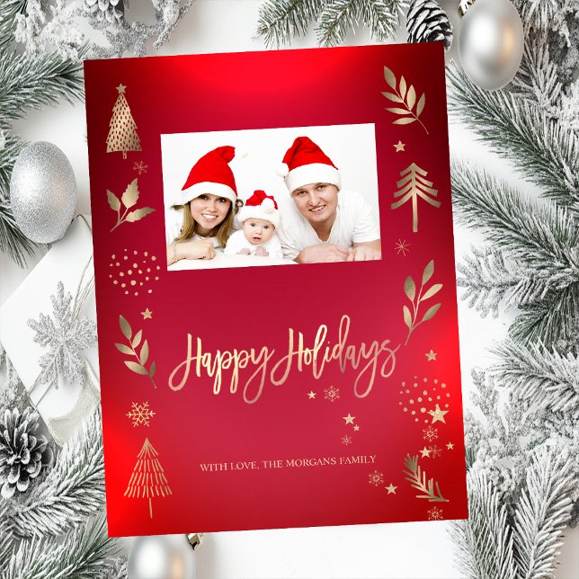 Röd foto för Guld Gräs Träd Gren, Glad helg Anteckningskort (Skapare uppladdad)