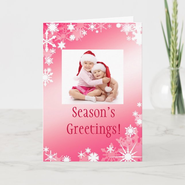 Röd foto snöflingor högtidskort helgkort (Framsida)