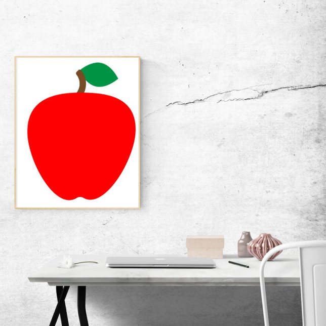 Röd frukt av äpple poster (A poster with a red apple with a green leaf.)
