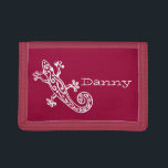 Röd gecko vit, stiliserad, namngiven plånbok<br><div class="desc">Uppmuntra att spara med den här reptilen gecko stilized wallet eller purse,  anpassa med ditt namn. För närvarande läser Danny. Sarah Trett är enastående och designad.</div>