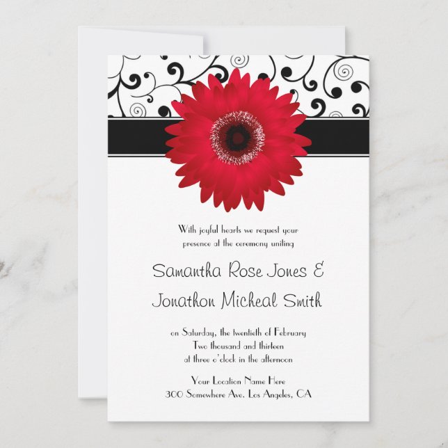 Röd Gerbera-Daisy med Black Rulla Design Bröllop Inbjudningar (Framsida)
