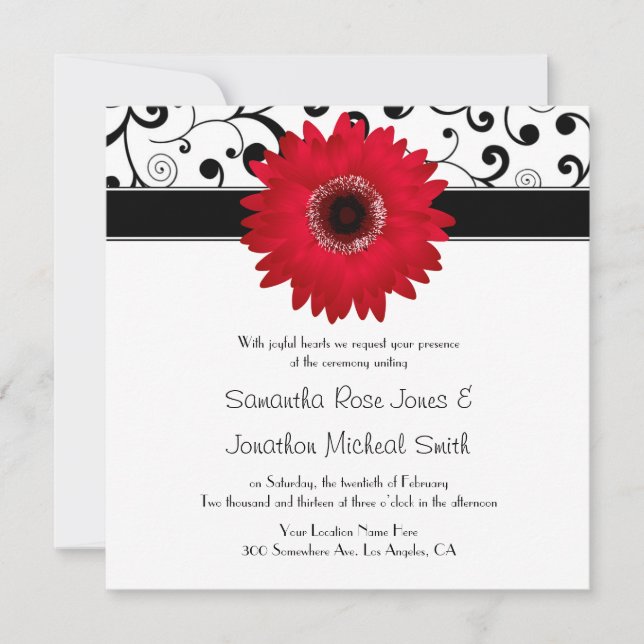 Röd Gerbera-Daisy med Black Rulla Design Bröllop Inbjudningar (Framsida)
