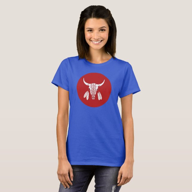 Röd Ghost Dance Buffalo cirkel kvinnor blå t-shirt (Hel framsida)
