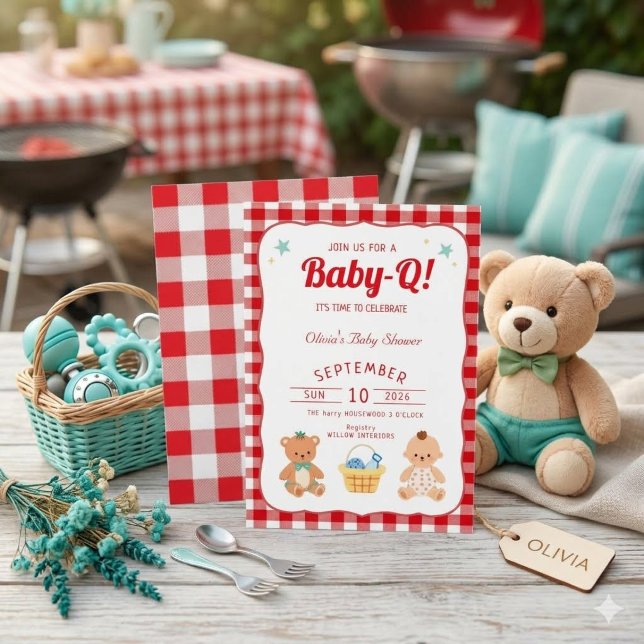 Röd Gingham Baby-Q Bebis Shower Inbjudan, Picknick Inbjudningar (Skapare uppladdad)
