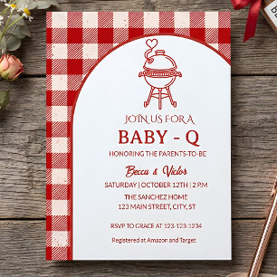 Röd Gingham Baby Q Grillfest Babyfirande Inbjudningar