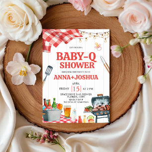 Röd Gingham Baby-Q Shower Inbjudan