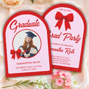 Röd Gingham-band båge Foto-examination Studentfest Inbjudningar