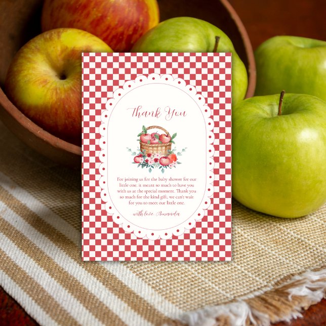 Röd Gingham Blomma Skördefest Äpple Baby Shower Tack Kort (Red Gingham Flower Harvest Apple Baby Shower Thank You Card)