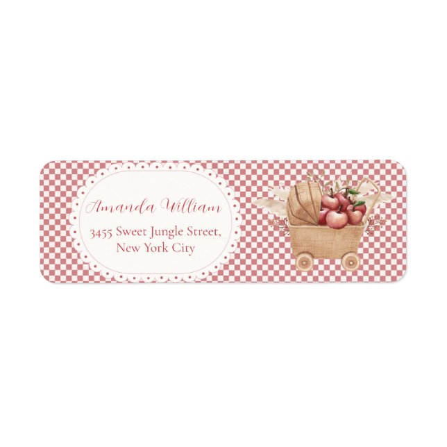Röd Gingham Boho Apple Bebis Bjudning Returadress Etikett (Framsidan)