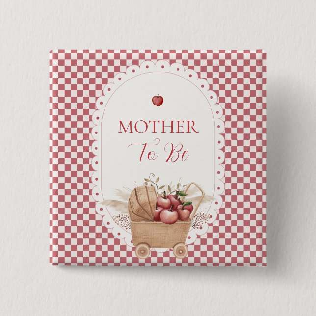 Röd Gingham Boho Äpple Blivande Mamma Barnkalas Knapp (Framsida)