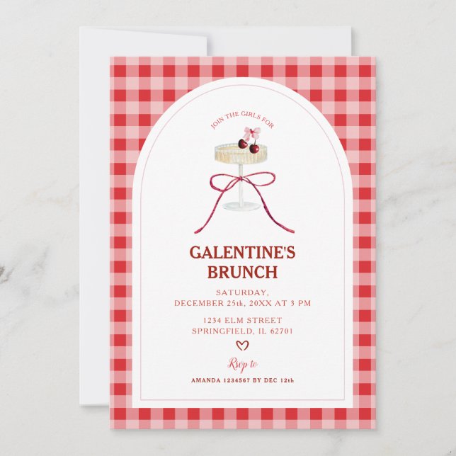 Röd Gingham Galentine’s Brunch Körsbärs Cocktail  Inbjudningar (Framsida)
