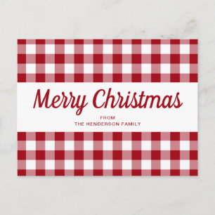 Röd Gingham God Jul Script Vykort