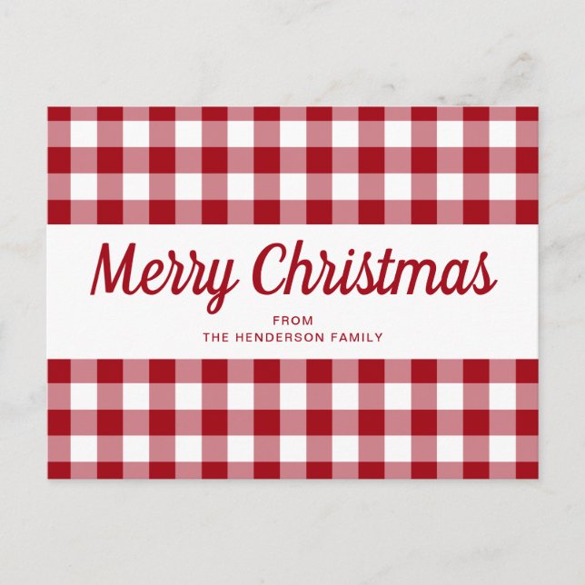 Röd Gingham God Jul Script  Vykort (Framsida)