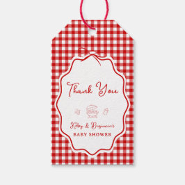 Röd Gingham Grillfest BBQ Baby-Q Baby Shower  Presentetikett