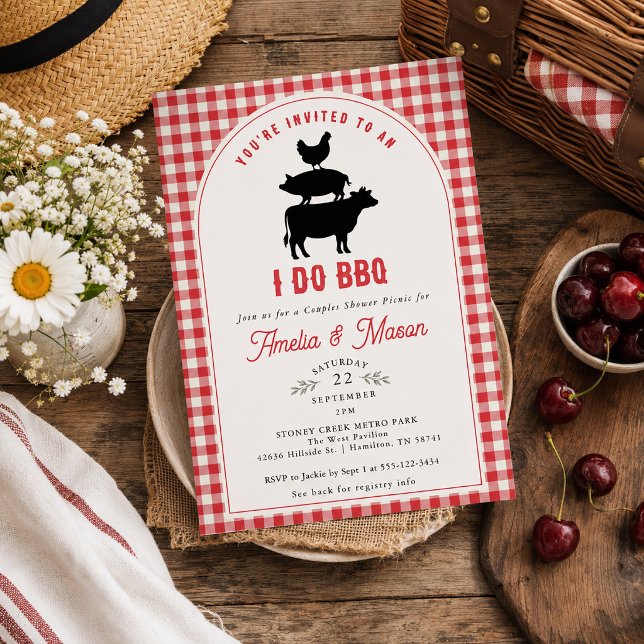 Röd Gingham Jag Gör BBQ Par Bröllopsdusch Inbjudningar (Red Gingham I Do BBQ Couples Bridal Shower Invitation)
