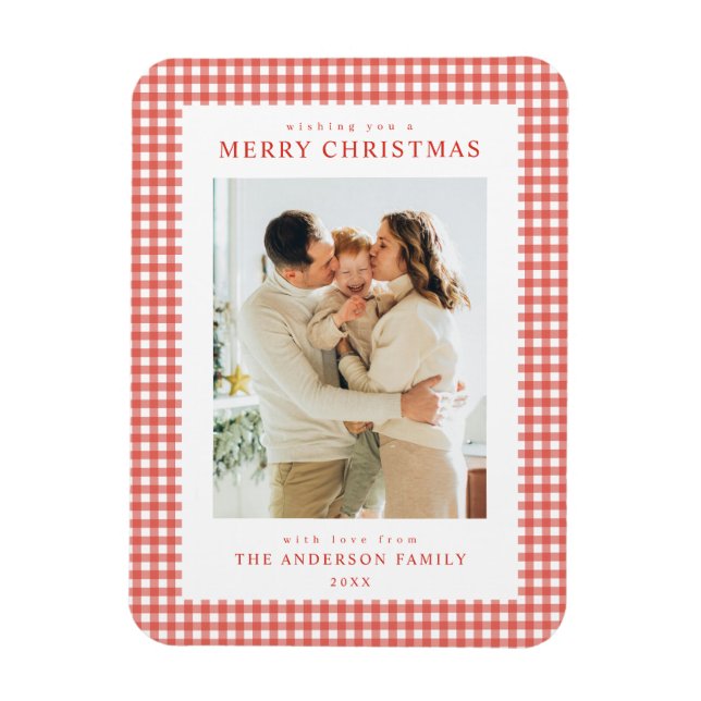 Röd Gingham Jul Foto Magnet (Vertikal)
