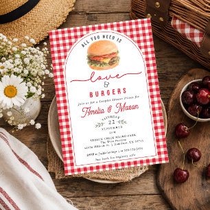 Röd Gingham Kärlek & Hamburgare Par Bröllopsfest Inbjudningar