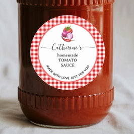 Röd gingham karott Hemlagad tomatsås etikett