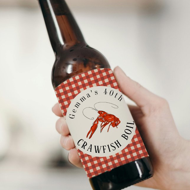 Röd Gingham Kräftskiva Skaldjursfest Ölflaska Etikett (Red Gingham Crawfish Boil Seafood Party Beer Bottle Label)