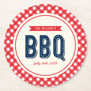 Röd Gingham och blåttsommarBBQ Underlägg Papper Rund
