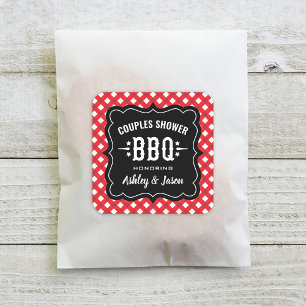 Röd Gingham Par Bröllopsfest Grillfest Fyrkantigt Klistermärke