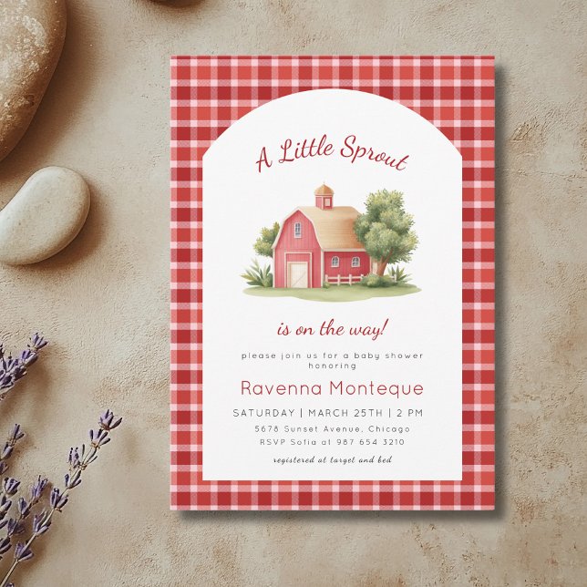 Röd Gingham Röd Lada Liten Grodd Baby Shower Inbjudningar (Skapare uppladdad)