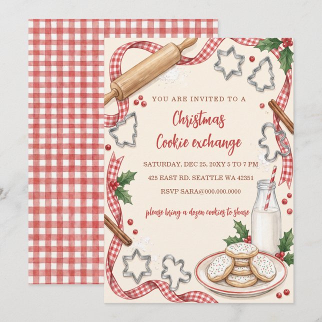 Röd Gingham Rolig Kaka Utbytes Julfest Inbjudningar (Fram/baksida)